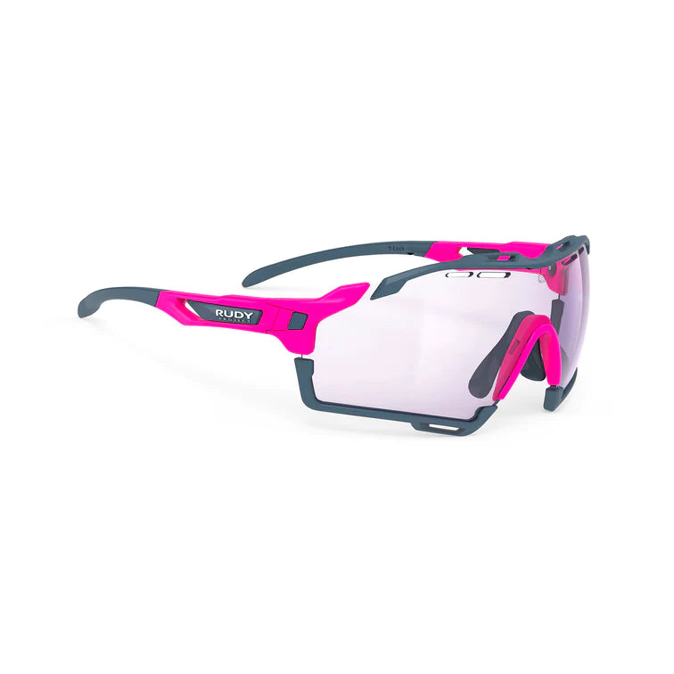 CUTLINE Color: Matte Fluorescent Pink Frame with ImpactX Photochromic 2 Laser Violet Lenses Blue Bumpers