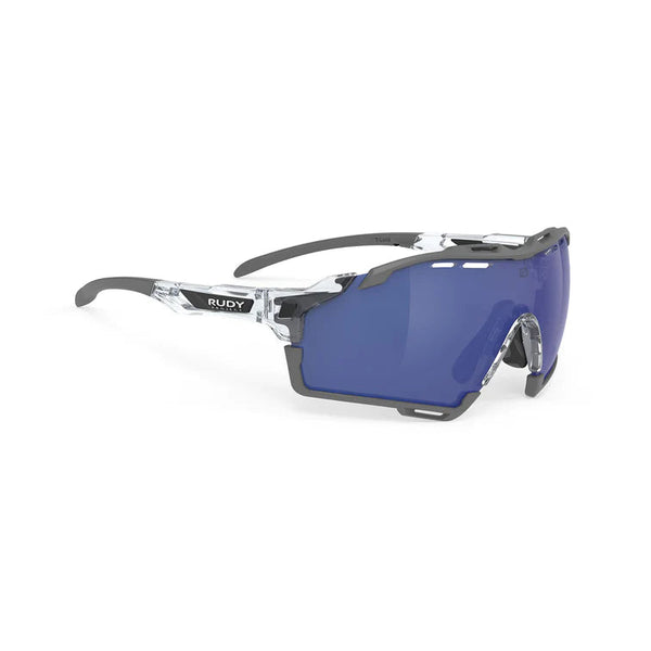 LIGNE DE COUPE/CUTLINE Couleur : Crystal Gloss Frame with Multilaser Deep Blue Lenses Grey Bumpers E-LUNETTES RUDY PROJECT 